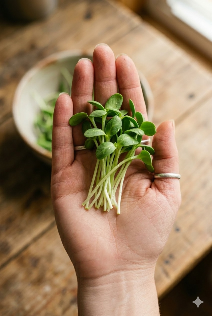 Mano sosteniendo microgreens frescos