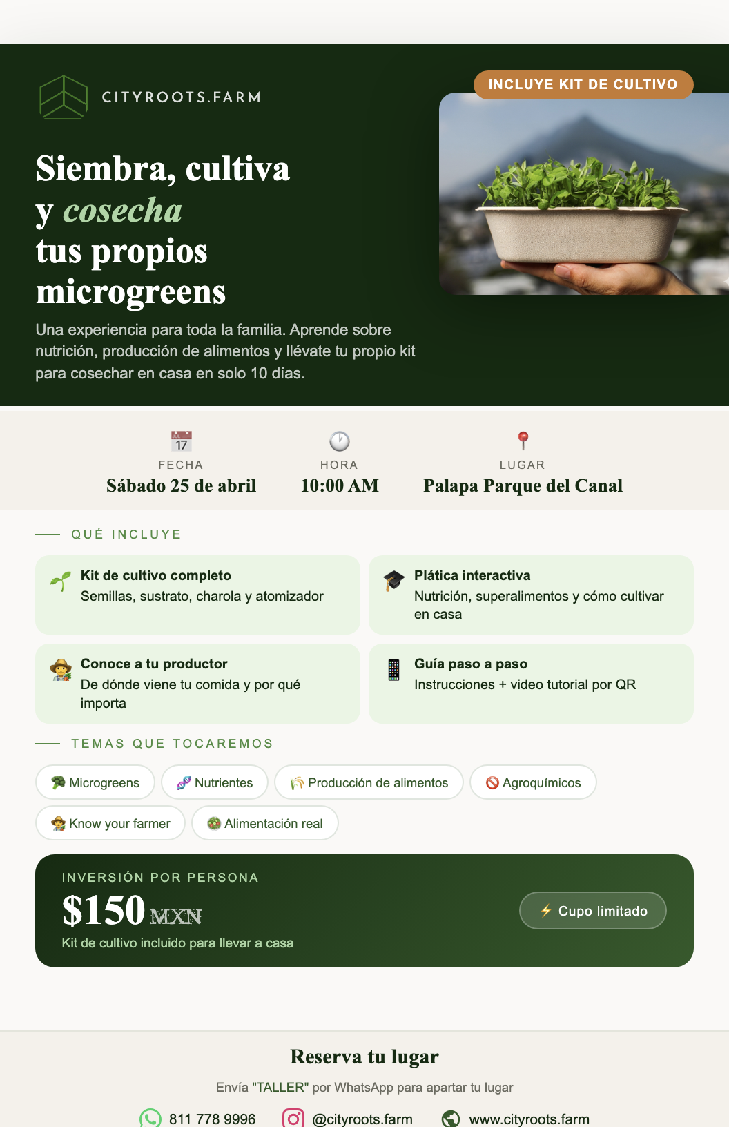 Flyer del taller de microgreens - 25 de abril