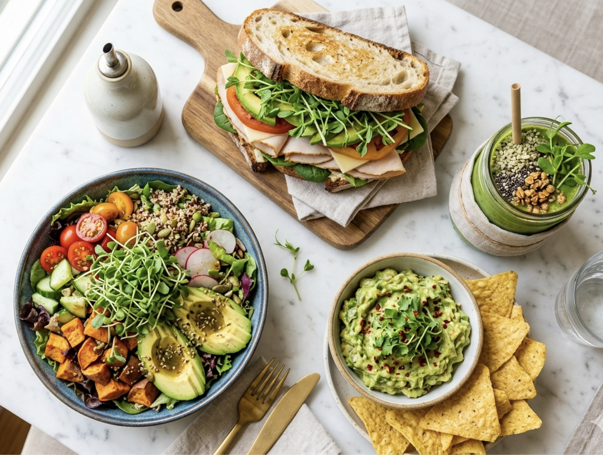 Mesa con platillos preparados con microgreens